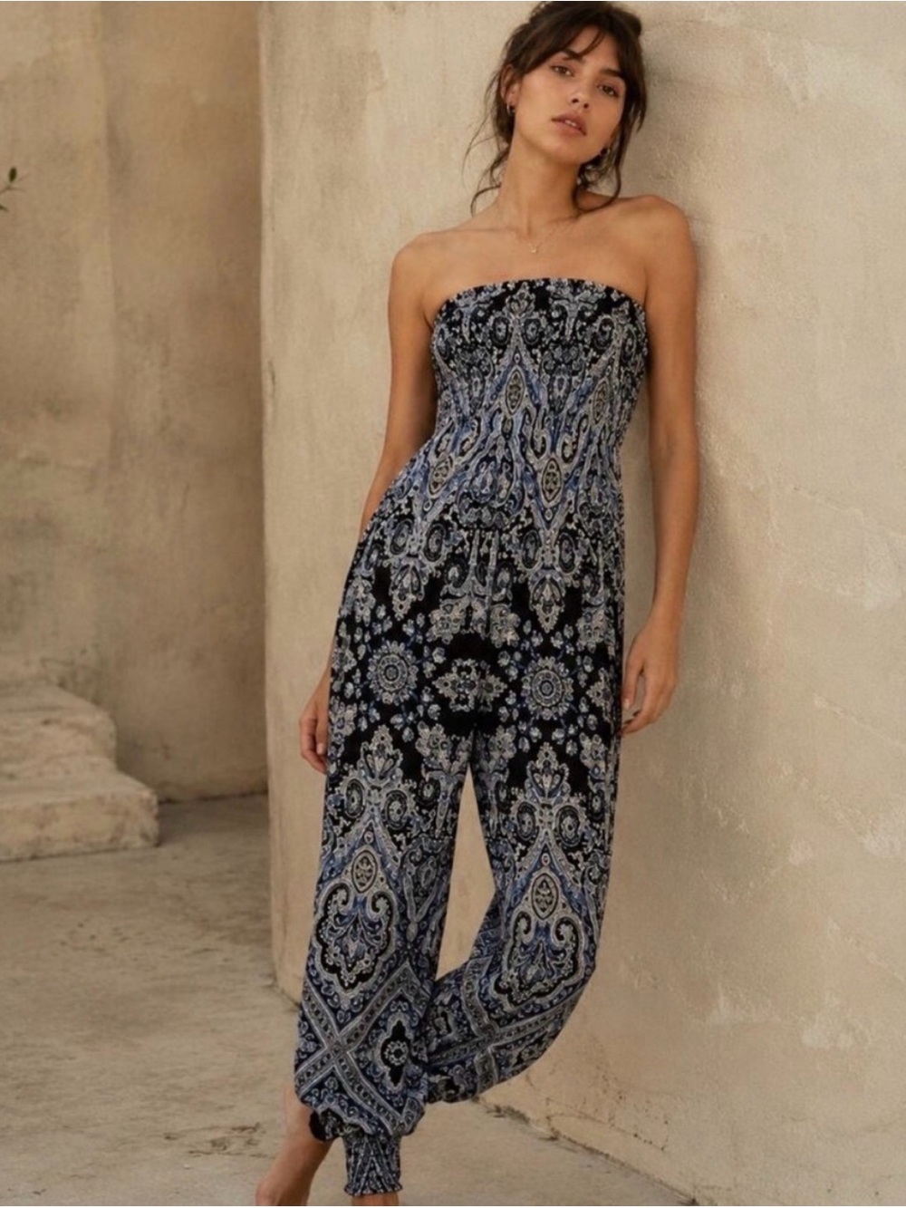 Free people- Strapless Blue & Black Paisley Smocked Jumpsuit